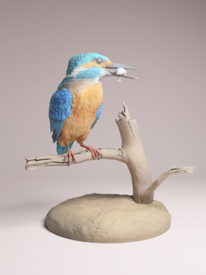 figurine-martin-pecheur-nourrissage-resine-1-2 Figurine en résine brute de martin-pêcheur à l'échelle un deuxième représentant l'oiseau sur son perchoir avec un poisson.