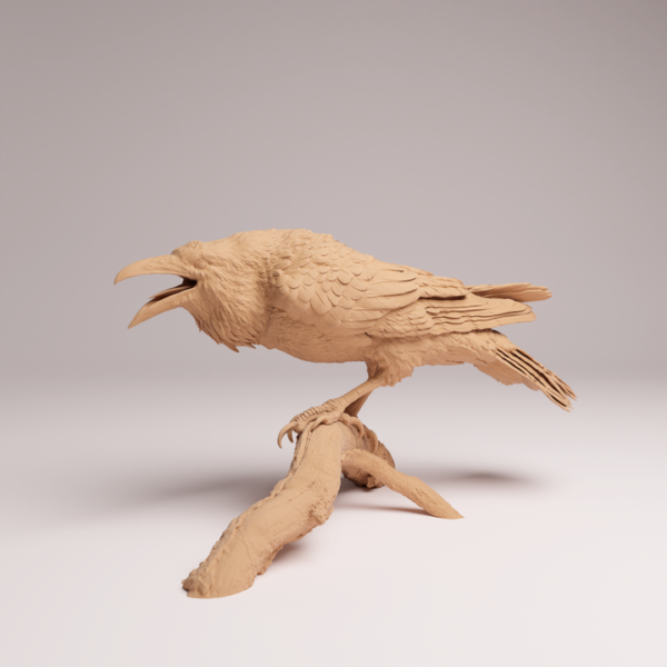 atelier-peinture-figurine-oiseau Préparation d'une figurine de corvidé sur un plan de travail de modéliste avec pinceaux.