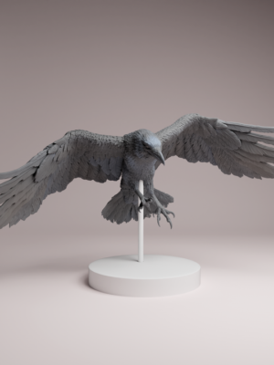 figurine-corbeau-resine-peindre-vol Figurine en résine à peindre d'un grand corbeau en plein vol avec ailes déployées à l'échelle un sixième.
