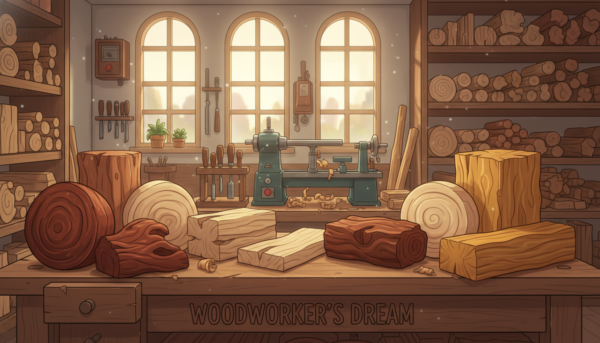 A beautifully arranged collection of various types of wood suitable for turning, displayed prominently in the foreground. Each piece showcases unique grains and colors, such as rich mahogany, light-colored maple, deep walnut, and textured oak. In the middle ground, a well-organized woodworking workshop with tools like lathes and chisels, illuminated by warm, natural lighting filtering through large workshop windows. In the background, shelves filled with additional wood types and textures enhance the atmosphere of creativity and craftsmanship. The image conveys a professional yet inviting mood, emphasizing the warmth and beauty of wood, perfect for inspiring a woodworking enthusiast. The angle is slightly elevated, capturing the entire scene clearly and aesthetically.