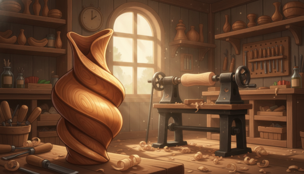A beautifully crafted wooden turning piece displayed prominently in the foreground, showcasing intricate spirals and curves with a smooth finish. The piece should be illuminated softly to highlight its natural grain and polished texture. In the middle ground, a traditional wood lathe can be seen, with tools and shavings scattered around, emphasizing the craftsmanship involved. The background consists of a warm, rustic workshop with wooden shelves lined with various turned pieces and tools, creating an inviting atmosphere. Soft natural light filters through a window, casting gentle shadows, enhancing the richness of the wood. The overall mood is one of warmth and artistry, capturing the essence of woodworking craftsmanship.