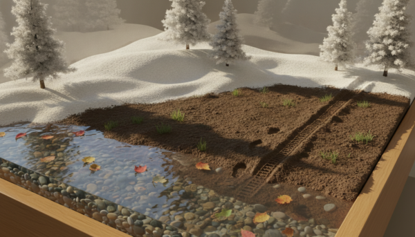 A beautifully detailed diorama displaying three distinct textured ground effects: on the foreground, realistic water with translucent ripples reflecting light, accompanied by small pebbles and scattered leaves; in the middle ground, thick mud with a rich brown color mixed with grass clumps, showing footprints and tire tracks for added realism; and in the background, a soft, white snow covering gentle hills, featuring delicate snowdrifts and a few snow-covered trees. The scene is illuminated by soft, natural light, casting gentle shadows that enhance the textures of each layer. The camera angle is slightly elevated to capture the full depth and variations of the diorama, creating an immersive and tranquil mood.