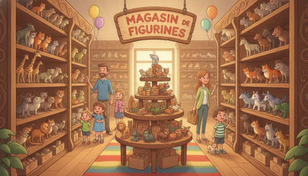 A bright and welcoming toy store aisle in France featuring shelves of realistic animal figurines, wooden accents, and a sign saying Magasin de Figurines.