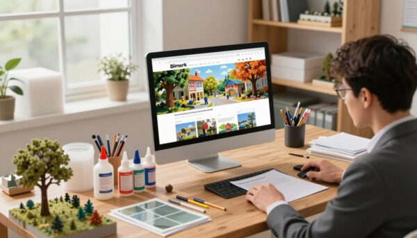 A clean and organized workspace showcasing various diorama materials and tools. In the foreground, a wooden desk cluttered with miniatures, crafting glue, and paint bottles, illuminated by soft, natural light from a nearby window. In the middle ground, a computer screen displaying a website for purchasing diorama supplies, with vibrant images of trees, buildings, and figures. A person in professional business attire thoughtfully examines materials, their focus on the screen. The background features shelves stocked with additional supplies like foam boards and natural scenery items. The overall mood is creative and professional, emphasizing the ease of online ordering for diorama enthusiasts. Use a slightly elevated angle to capture the desk and screen's details effectively.