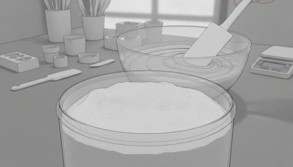 A close-up image of a fine, powdery Moldmaster casting mixture, with the texture appearing smooth and free of air bubbles. In the foreground, display a container filled with the powder, showcasing its light gray color and fine granularity. The middle ground features a glass mixing bowl with the mixture being prepared, employing a spatula to indicate the preparation process. In the background, softly blurred, include various molding tools and equipment, hinting at a workshop environment. The lighting is bright and natural, highlighting the subtle details of the powder's surface. The overall atmosphere is clean, organized, and professional, evoking a sense of precision in preparation. No text or logos are present in the image.
