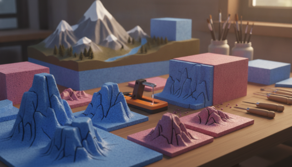 A close-up scene featuring extruded polystyrene (XPS) sheets designed for modeling, arranged artistically on a workbench. In the foreground, several XPS blocks of varying sizes and shapes are meticulously cut and textured, showcasing patterns that simulate natural terrain. In the middle ground, scattered modeling tools like a hot wire cutter, knife, and carving tools hint at the creative process. The background features a softly lit workspace, with an inspirational diorama partially visible, illustrating how XPS can bring a miniature landscape to life. The lighting is bright yet warm, creating an inviting atmosphere that encourages creativity. The image captures a sense of craftsmanship and the potential of DIY projects, focusing entirely on the materials and tools without any text or distractions.