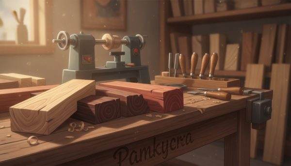 A close-up scene showcasing a variety of high-quality woods suitable for turning, arranged artistically on a well-worn workbench. In the foreground, several pieces of maple, walnut, and cherry wood display their unique grains and colors, illuminated by warm, soft natural light coming from a nearby window. The middle ground features a set of turning tools, including a lathe, carefully organized and ready for use. In the background, shelves filled with more wood types, like oak and birch, suggest abundance. The atmosphere is inviting and creative, perfect for a woodturning beginner, as sunlight highlights the textures and patterns in the wood. Capture this scene with a shallow depth of field, focusing on the wood's details. Include the brand name "Pamkycrea" subtly integrated into the workbench.
