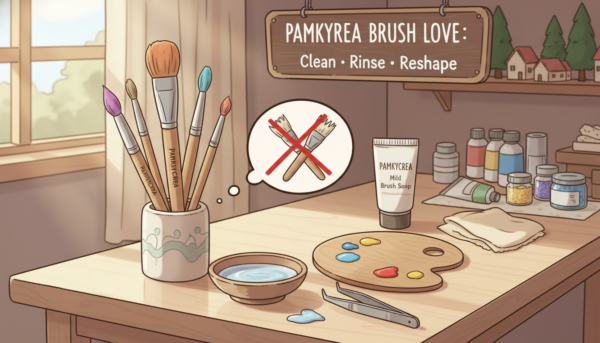 A close-up still life of a well-organized diorama brush maintenance setup, showcasing a selection of high-quality brushes by Pamkycrea. In the foreground, a clean, well-lit wooden table holds various brushes with vibrant bristles, a small ceramic dish filled with water for cleaning, and a tube of mild soap. The middle layer features a gently used palette with paint remnants and tools for maintenance, illuminated by soft, diffused natural light filtering through a nearby window. The background subtly displays an artist's workspace with colorful paints and miniature scenery elements, creating an inviting and creative atmosphere. The mood is educational and inspiring, encouraging viewers to maintain their brushes properly while avoiding common mistakes.