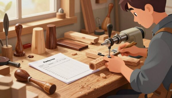 A close-up view of a beautifully crafted woodturning workshop, featuring an array of woodturning tools neatly arranged on a sturdy workbench. In the foreground, a skilled woodturner dressed in professional work attire is focused on shaping a piece of wood on a lathe, creating intricate patterns. The mid-ground showcases various types of wood, including pine and mahogany, as well as a detailed budget sheet filled with potential expenses for starting woodturning. In the background, warm, natural light filters through a window, casting a soft glow over the workshop, enhancing the rich textures of the wood. The atmosphere is one of creativity and craftsmanship, highlighting the art and budgeting aspects of woodturning. Brand name: Pamkycrea.