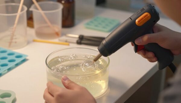 A close-up view of a resin diorama being carefully prepared, emphasizing the process of removing air bubbles from the resin. In the foreground, a pair of hands in modest casual clothing holds a heat gun, directing warm air over the surface of the resin to eliminate trapped bubbles. In the middle ground, a clear glass container filled with shimmering resin, showing bubbles rising to the surface. The background features a well-organized workspace with crafting tools, such as measuring cups, stir sticks, and silicone molds, softly blurred to emphasize the foreground action. The lighting is warm and focused, illuminating the resin and hands while creating a gentle glow that enhances the work atmosphere, suggesting precision and care in the crafting process. The overall mood is focused and creative. A close-up view of a resin diorama being carefully prepared, emphasizing the process of removing air bubbles from the resin. In the foreground, a pair of hands in modest casual clothing holds a heat gun, directing warm air over the surface of the resin to eliminate trapped bubbles. In the middle ground, a clear glass container filled with shimmering resin, showing bubbles rising to the surface. The background features a well-organized workspace with crafting tools, such as measuring cups, stir sticks, and silicone molds, softly blurred to emphasize the foreground action. The lighting is warm and focused, illuminating the resin and hands while creating a gentle glow that enhances the work atmosphere, suggesting precision and care in the crafting process. The overall mood is focused and creative.