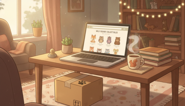 A cozy home office desk with a laptop displaying an online shop of wildlife animal figurines, a cardboard delivery box with a paw print icon next to it.