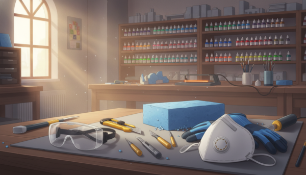 A detailed scene showcasing a workspace for modeling with extruded polystyrene, emphasizing safety equipment. In the foreground, display a neatly arranged assortment of safety gear including safety goggles, gloves, and a dust mask, ensuring they are well-lit and clearly visible. The middle ground features a workbench with cutting tools, a heated wire cutter, and a block of polystyrene in the midst of a project. In the background, include shelves filled with modeling paints and brushes, softly illuminated by natural light streaming through a nearby window. The mood is focused and professional, inviting creativity and safety in a DIY diorama workshop environment. The perspective is slightly angled to give depth, ensuring no text or watermarks are present.