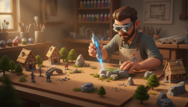 A detailed tabletop scene showcasing advanced precision application techniques on diorama pieces. In the foreground, a skilled artisan carefully uses a precision applicator to apply glue onto intricate miniature terrain elements like rocks and vegetation. In the middle ground, various diorama components, such as finely detailed buildings and figurines, are arranged with some partially glued for realism. The background features a softly blurred workshop filled with tools, paints, and reference materials, illuminated by warm, natural light streaming through a window, creating a cozy, focused atmosphere. The composition is shot from a slightly elevated angle, emphasizing the artisan's careful work, with a shallow depth of field to enhance the subject matter's clarity.