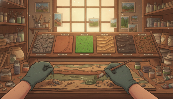 A detailed workshop scene showcasing different techniques for texturing earth for dioramas. In the foreground, an artist’s hands carefully apply various texturing materials like sand, gravel, and paint to create realistic ground effects. In the middle ground, a selection of finished diorama panels exhibits diverse textures, such as rocky terrains, smooth soil, and grassy patches, each labeled with subtle indicators of the technique used. The background features shelves lined with sculpting tools, paints, and reference images of natural landscapes. Warm, diffused natural lighting illuminates the workspace, casting soft shadows. The atmosphere conveys a sense of creativity and craftsmanship, inviting viewers to explore the art of diorama building and the meticulous process of achieving realistic soil effects.