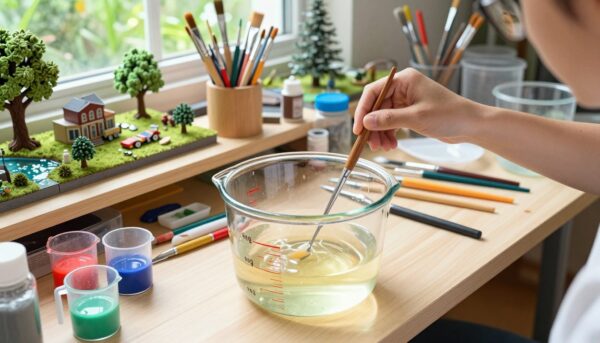 A detailed workspace scene showcasing the process of mixing resin for a diorama. In the foreground, a glass mixing container filled with a vibrant, transparent resin, surrounded by measuring cups and colorful pigments ready for use. The middle layer features a well-organized workbench cluttered with sculpting tools, paintbrushes, and intricate miniature diorama elements such as trees and buildings. In the background, a softly lit green garden scene peeks through a window, hinting at a natural theme for the diorama. The lighting is bright and natural, emphasizing clarity and focus on the resin and tools. The atmosphere feels creative and industrious, inviting viewers to engage with the resin mixing process. The image is captured from a slightly elevated angle to provide depth and perspective.