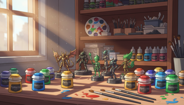 A detailed workspace showcasing the best figurine paints by "Pamkycrea." In the foreground, a variety of vibrant paint pots are displayed, splattered with paint, with brushes resting beside them. In the middle ground, a selection of painted miniature figurines, representing diverse themes such as fantasy and sci-fi, captures the eye. The background features a well-organized shelf filled with paint palettes and tools, softly blurred to emphasize the focus on the figurines and paint. Natural sunlight streams through a window, casting warm, inviting light that highlights the rich colors of the paints and figures. The atmosphere is creative and inspiring, ideal for a diorama artist selecting the perfect paint for their project.