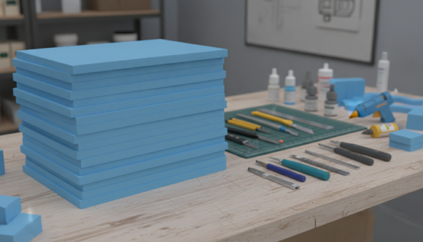 A high-quality 3D render of a stack of blue XPS extruded polystyrene foam panels for model making, 500x400mm dimensions, clean edges, studio lighting, professional craft supplies on a wooden table.