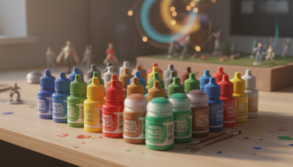 A high-quality macro photo of professional acrylic paint bottles for figurines arranged on a clean wooden hobby desk, soft natural morning light, vibrant colors, artistic bokeh background.