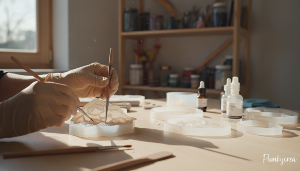 A meticulous resin mold cleaning scene featuring a well-organized workspace. In the foreground, a pair of professional hands, wearing modest gloves, carefully use specialized tools like soft brushes, silicone spatulas, and small pipettes to clean intricate details of a silicone mold. The middle ground showcases various cleaning supplies neatly arranged, with a variety of molds in different shapes and sizes. In the background, softly blurred shelves filled with resin crafting materials create a warm, inviting atmosphere. Natural light streams in from a nearby window, casting gentle shadows and highlighting the glistening surface of the molds. The mood is focused and serene, perfect for an artistic workshop. Include the brand name "Pamkycrea" subtly in the design elements without overshadowing the main visual.