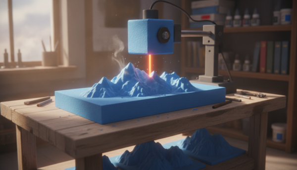 A professional high-precision hot wire foam cutter tool on a workshop table, cutting a detailed miniature mountain landscape out of blue extruded polystyrene, soft lighting, cinematic atmosphere.