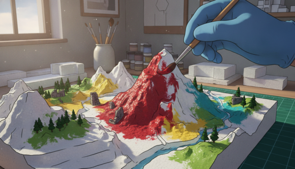 A professional macro shot of a hand painting a detailed terrain made of extruded polystyrene with high-quality acrylic paint, showing vibrant textures and miniature scenery, artist workshop background, soft natural lighting.