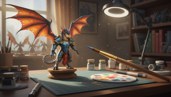 A professional Siberian Kolinsky sable paint brush with a sharp point, standing next to a painted fantasy miniature on a hobby workbench, cinematic lighting, macro photography, 8k resolution.