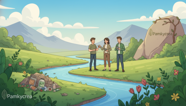 A serene landscape showcasing the environmental impact of epoxy resin. In the foreground, a clear river flows gently, surrounded by lush greenery and vibrant flowers. On one side, a small stack of used epoxy containers, slightly weathered, emphasizes the theme of waste. In the middle ground, a group of professionals in modest casual clothing examine the surroundings, discussing sustainability. The background features a blue sky with soft, fluffy clouds, and distant mountains reflecting a balance between nature and human influence. Soft, warm lighting illuminates the scene, creating an inviting and contemplative atmosphere. The overall mood conveys a sense of awareness and responsibility toward environmental conservation. Include subtle branding elements of "Pamkycrea" integrated into the natural environment, harmonizing with the theme of ecological responsibility.