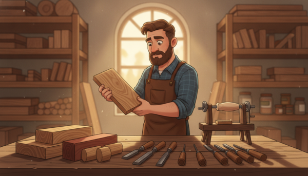 A serene woodworking workshop featuring an assortment of carefully selected and prepared pieces of wood for turning. In the foreground, display a well-organized workbench with various types of hardwoods—oak, maple, and cherry—arranged neatly alongside essential tools like chisels and a lathe. In the middle ground, highlight a craftsman in professional attire examining a piece of wood, focusing intently on its grain and texture. The background showcases shelves filled with more wood pieces and a warm, inviting window letting in soft golden sunlight, creating a cozy atmosphere. The overall mood is one of diligence and craftsmanship, emphasizing the importance of proper wood selection and preparation in woodworking. Use a natural lens with a slight depth of field to enhance the craftsmanship details while softening the background.