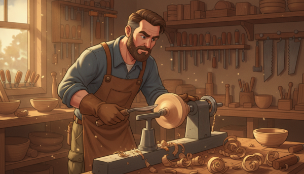 A skilled artisan practicing precision woodturning, focused and immersed in his craft. In the foreground, the artisan is depicted wearing modest, professional attire, diligently shaping a wooden bowl on a lathe, his hands expertly guiding the tools. The midground shows shavings of wood scattered around, reflecting the intricate details of the wood grain. In the background, shelves filled with various hand tools and pieces of unfinished wood create a workshop atmosphere. Soft, natural lighting illuminates the scene, enhancing the warmth of the wood tones while casting gentle shadows. The mood is one of concentration and artistry, capturing the essence of woodworking as a demanding yet rewarding craft. The composition is shot from a slightly elevated angle, offering a clear view of the artisan's work and environment.