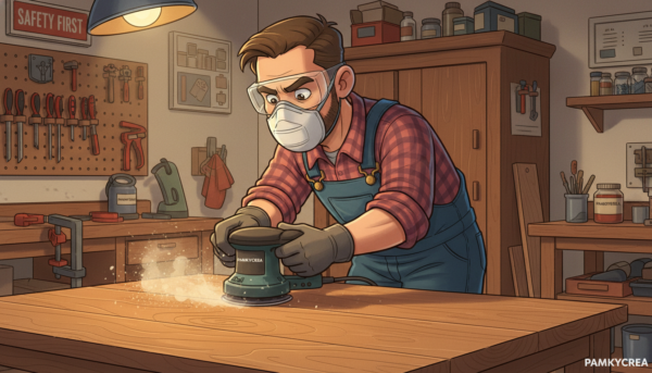 A skilled craftsman in professional work attire is carefully sanding a wooden surface, demonstrating safety practices during woodworking. The foreground shows the craftsman's hands holding a power sander, with safety goggles and a dust mask clearly visible, emphasizing the importance of protection. In the middle ground, the finely crafted wooden piece reflects the smooth texture achieved through careful sanding, showcasing rich wood grains. The background features a well-organized workshop, with tools neatly arranged and warm, inviting lighting illuminating the workspace. The atmosphere conveys focus and professionalism, highlighting a commitment to safety during the wood finishing process. The brand name "Pamkycrea" is subtly represented in the tools and materials used.