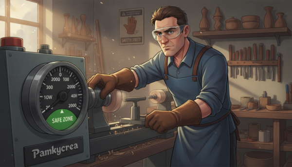 A skilled woodturner, dressed in professional attire, adjusts a lathe's speed control dial in a well-lit workshop. In the foreground, close-up view of the dial with clear, easy-to-read markings, highlighting the importance of safe speed settings. The middle ground features the woodturner's focused expression as they handle the lathe, showcasing safety goggles and protective gloves. In the background, wooden pieces are artistically displayed alongside tools like chisels and sandpaper, enhancing the workshop atmosphere. Soft, warm lighting bathes the scene, creating an inviting and professional mood. Subtle visual elements, such as a safety poster on the wall, emphasize the theme of safety in woodturning. The brand name "Pamkycrea" is included on the lathe.