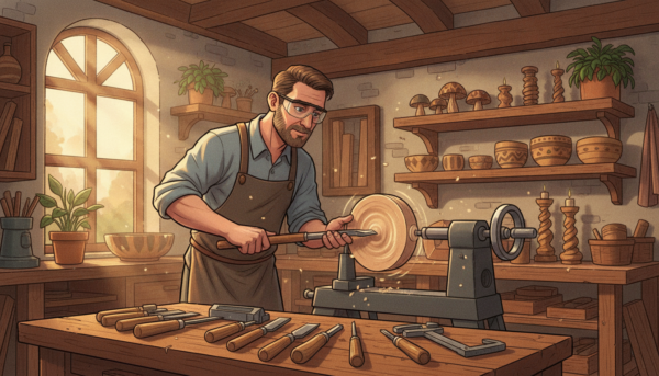 A skilled woodturner in professional attire is engaged in the art of woodturning, focusing intently on a lathe in a well-lit workshop. The scene features an array of essential tools like chisels and gouges neatly arranged on a wooden workbench. In the foreground, the woodturner is shaping a smooth piece of wood, droplets of sawdust floating in soft sunlight filtering through a nearby window. The middle ground includes various woodturning projects displayed on shelves, showcasing finished bowls and ornaments. In the background, a warm, inviting atmosphere is created by exposed wooden beams and natural textures, enhancing the craft’s artisanal vibe. The overall mood is serene and focused, reflecting the dedication and artistry of woodworking skills.