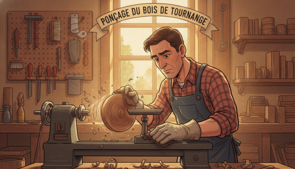 A skilled woodturner meticulously sanding a lathe-turned wooden piece, showcasing the process of “ponçage du bois de tournage.” The foreground captures the woodturner, dressed in modest casual attire, focusing intently on the smooth, polished surface of the wooden bowl as wood shavings scatter around. In the middle ground, a well-organized workshop filled with tools like sandpaper, brushes, and a classic wood lathe is visible, highlighting the craftsmanship. The background features soft natural lighting streaming through a window, illuminating the warm tones of the wood and creating a cozy, inviting atmosphere. The entire scene conveys a sense of dedication to the art of woodturning, emphasizing surface preparation and shaping techniques.