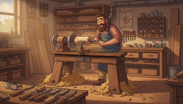A sturdy wood lathe workshop scene featuring a robust "banc de tour à bois" as the focal point. The lathe should be made of heavy-duty wood and metal, showcasing its essential components like the headstock and tailstock, with wood shavings scattered around to indicate active woodworking. In the foreground, include a set of essential turning tools neatly arranged on a wooden bench. The middle ground should feature the lathe in action, with a craftsman, dressed in modest casual clothing, carefully working on a wooden piece. Soft, warm lighting creates an inviting atmosphere, with shadows adding depth. The background should showcase a well-organized workshop with shelves holding various types of wood and tools, enhancing the professional feel of the space.