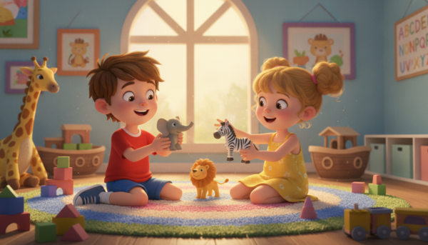 A vibrant scene in a cozy playroom filled with colorful toys and plush carpets. In the foreground, two children, a young boy and a girl, are deeply engaged, joyfully playing with an assortment of animal figurines. The boy, wearing a bright red t-shirt and blue shorts, carefully balances a small, detailed elephant figurine in his hands, his expression one of wonder. The girl, dressed in a cheerful yellow dress, is animatedly depicting a lively scenario with a miniature lion and zebra. In the background, soft, natural light streams through a window, creating a warm and inviting atmosphere. The walls are adorned with playful animal-themed artwork, emphasizing the joy and imagination of childhood play. The angle captures the interaction and excitement of the children, highlighting the fun and educational aspect of animal figurines. A vibrant scene in a cozy playroom filled with colorful toys and plush carpets. In the foreground, two children, a young boy and a girl, are deeply engaged, joyfully playing with an assortment of animal figurines. The boy, wearing a bright red t-shirt and blue shorts, carefully balances a small, detailed elephant figurine in his hands, his expression one of wonder. The girl, dressed in a cheerful yellow dress, is animatedly depicting a lively scenario with a miniature lion and zebra. In the background, soft, natural light streams through a window, creating a warm and inviting atmosphere. The walls are adorned with playful animal-themed artwork, emphasizing the joy and imagination of childhood play. The angle captures the interaction and excitement of the children, highlighting the fun and educational aspect of animal figurines.