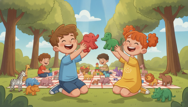 A vibrant scene of children playing together in a sunny park, surrounded by colorful animal figurines. In the foreground, two young kids, a boy and a girl, joyfully manipulate various brightly painted toy animals like elephants, lions, and dinosaurs, displaying their imagination. The middle ground illustrates a soft grassy area with a picnic blanket scattered with more figurines, showcasing a sense of exploration and creativity. In the background, tall trees and a clear blue sky create a warm, inviting atmosphere, perfect for outdoor play. Soft sunlight filters through the leaves, casting playful shadows. The angle captures a low perspective, emphasizing the playful interactions among the kids, evoking a sense of joy and teamwork.