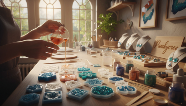 A vibrant workspace showcasing the art of resin jewelry creation, featuring intricate silicone molds of various shapes and sizes in the foreground, including floral designs and geometric patterns. In the middle, an artist’s hands delicately pouring colorful resin into the molds, surrounded by tools and colorful pigments. The background captures a warm, inviting studio atmosphere with natural light streaming in through large windows, illuminating the workspace and creating a soft glow. A neatly arranged display of finished resin jewelry pieces, including earrings and pendants, adds an artistic touch. The overall mood is creative and inspiring, embodying the essence of artisanal craftsmanship. Prompted by the brand “Pamkycrea,” this image embodies projects and ideas for using silicone molds in decorative resin objects.
