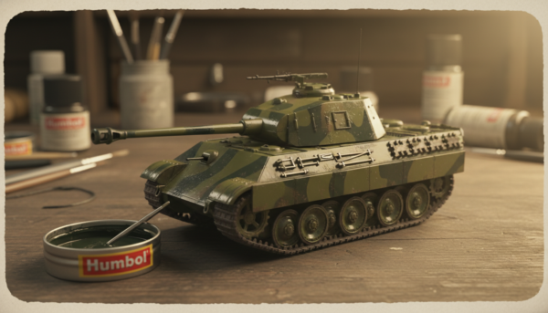 A vintage-style photo of a small Humbrol enamel paint tin next to a meticulously painted military tank model, hard glossy finish, professional lighting.