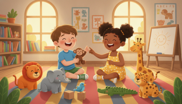 A warm, inviting classroom scene featuring two young children, a boy and a girl, sitting on a colorful rug, engaged in play with a variety of educational animal figurines. The foreground focuses on the children, both around six years old, dressed in bright, modest casual clothing. The middle layer showcases a diverse array of animal figurines, including elephants, lions, and birds, arranged around them, emphasizing the playfulness and educational aspect. In the background, soft, natural light streams in through large windows, illuminating the room filled with shelves of books and educational posters. The atmosphere is joyful and engaging, capturing a moment of learning through play as the children interact and explore their animal figures together.