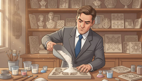 A well-lit workshop scene focusing on a skilled artisan demonstrating the decorative molding process. In the foreground, the artisan, dressed in professional business attire, is carefully pouring mold powder into an intricate mold design. The middle ground features a variety of tools and materials spread out neatly, including brushes, measuring cups, and different textures of mold designs. In the background, shelves lined with completed decorative pieces showcase the diversity of molded art. Soft, natural lighting illuminates the space, casting gentle shadows that add depth. A sense of concentration and craftsmanship pervades the atmosphere, highlighting the importance of precision and care in avoiding common molding errors. The angle captures the artisan’s focused expression as they work meticulously on the project.