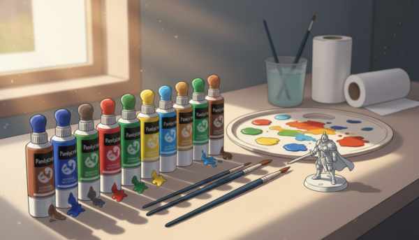 A well-organized art set for miniature painting displayed prominently in the foreground, featuring an array of high-quality acrylic paints from the brand "Pamkycrea," with rich, vibrant colors squeezed into small tubes. A set of intricate paintbrushes in various sizes lay beside a miniature figure waiting to be painted, showcasing fine details in the figure's sculpt. In the middle ground, a palette dotted with splashed colors reflects a creative workspace, complete with a few drops of paint mixing together. The background subtly includes a softly blurred tabletop, suggesting a cozy yet focused atmosphere, illuminated by warm, natural light pouring through a nearby window. The overall mood is inviting and inspiring, ideal for beginners eager to dive into diorama painting.