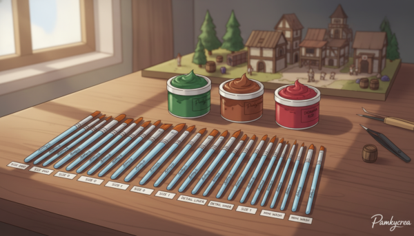 A well-organized display of high-quality paintbrushes specifically designed for diorama creation, featuring the brand "Pamkycrea." In the foreground, showcase a variety of medium and fine-tipped brushes, neatly arranged with labels indicating their sizes. In the middle ground, present a few opened paint pots with vibrant colors, emphasizing their suitability for detailed work. The background should include a blurred workspace with diorama elements—small models, and tools, to suggest an immersive hobby environment. Natural lighting streams in from a window, casting soft shadows for a warm and inviting atmosphere. Capture this scene from a slightly elevated angle to draw attention to the brushes, creating a sense of professionalism and quality, reflecting a budget-conscious creative endeavor.