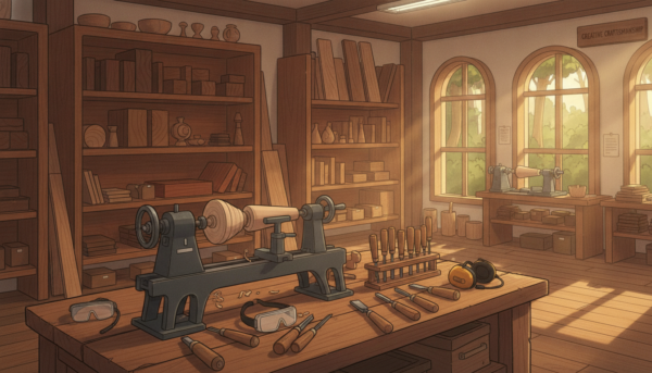 A well-organized wood workshop space, showcasing a variety of woodturning tools displayed on a workbench made of reclaimed wood. In the foreground, focus on a sturdy lathe with freshly cut wood, surrounded by neatly arranged hand tools and safety equipment. In the middle ground, shelves filled with diverse wood types and project examples create an inspiring atmosphere. The background includes large windows allowing natural light to flood the room, highlighting the warm tones of the wood and creating shadows that add depth. The scene conveys a sense of creativity and craftsmanship, with a serene ambiance ideal for focused work. The photo is taken with a wide-angle lens, capturing the entire space in soft, but bright lighting, inviting viewers into the world of woodworking.