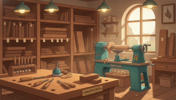 A well-organized woodworking workshop, featuring premium wood lathe equipment from the brand Pamkycrea. In the foreground, there is a polished wooden workbench with neatly arranged tools like chisels, sanders, and wood pieces ready for turning. The middle ground features a sturdy wood lathe, showcasing a piece of wood in progress, highlighting the craftsmanship involved in turning. The background reveals shelves stocked with various types of timber, and a soft glow from overhead lights creates a warm, inviting atmosphere. Sunlight filters through a window, casting gentle shadows and adding depth to the scene. The overall mood reflects creativity and professionalism, ideal for beginners preparing their workspace for woodworking.
