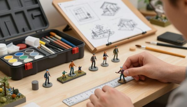 A well-organized workspace featuring an assortment of miniature models in various scales for diorama creation. In the foreground, a hand selects a miniature figure, measuring it against different scale rulers. The middle ground showcases an open toolbox overflowing with crafting materials like paint, brushes, and small tools, emphasizing the creative process. In the background, a drafting table filled with sketches and plans for diorama layouts, under soft, natural lighting that creates a warm atmosphere. The scene is captured with a shallow depth of field, giving a professional and artistic feel to the image while highlighting the importance of choosing the right scale for diorama projects. The overall mood is inspiring and informative, ideal for engaging readers in the art of diorama crafting.