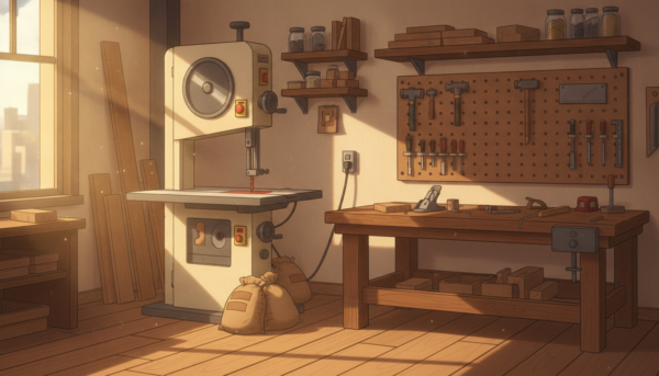 A wide shot of a bright, well-organized woodworking workshop with a bandsaw, a sturdy workbench, and various hand tools on the walls, warm cinematic lighting, realistic textures.