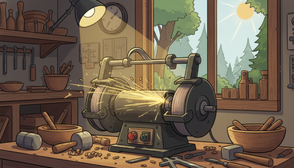 A workshop sharpening station featuring a bench grinder with a specialized woodturning jig, sharpening a gouge, sparks flying, focused lighting.