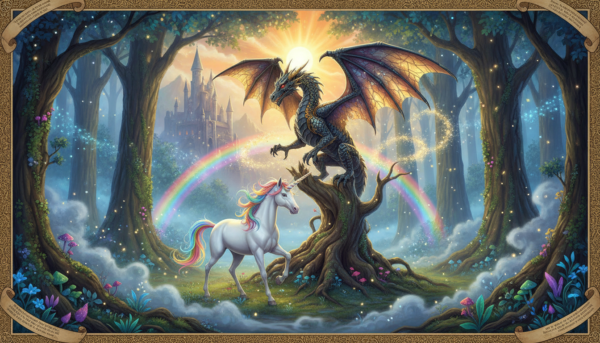 An epic fantasy scene showing a majestic dragon figurine and a rainbow unicorn in an enchanted forest setting with glittery dust and mystic mist, medieval legend style.