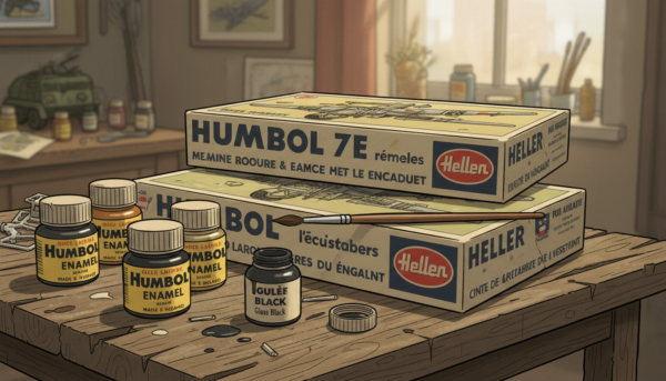 Anciens pots de peinture Humbrol et boîtes de maquettes Heller, style vintage et authentique, avec un pinceau fin posé dessus.