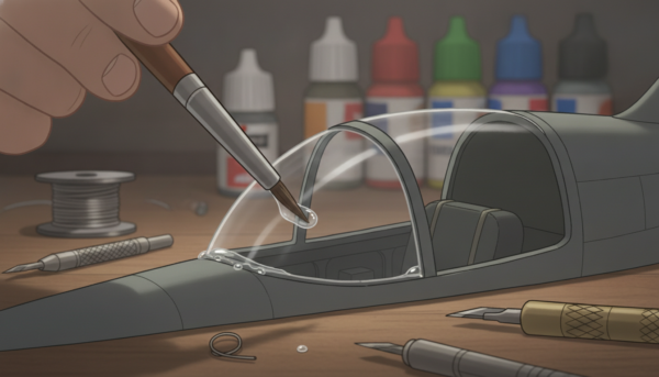 Application délicate d'une colle Clearfix transparente sur le bord d'un cockpit d'avion miniature avec un pinceau fin, plan macro.